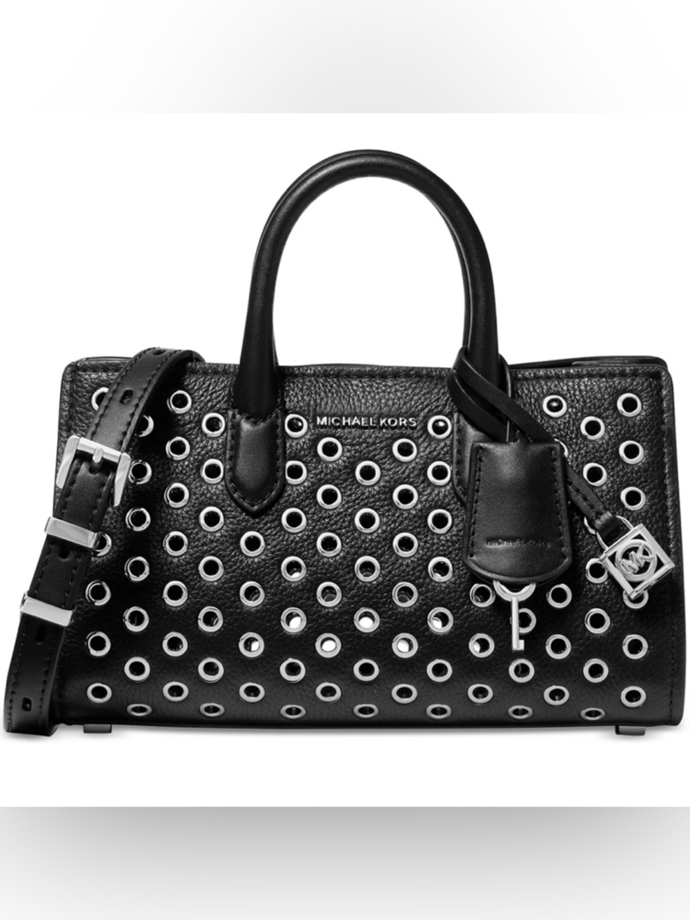 Michael Kors Scarlett Extra Small Black Leather Crossbody Bag Silver Grommets